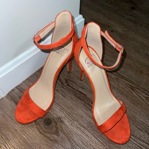 Orange velour 3 inch heels with ankle straps. Comfortable and work once. - Picture 1 of 5
